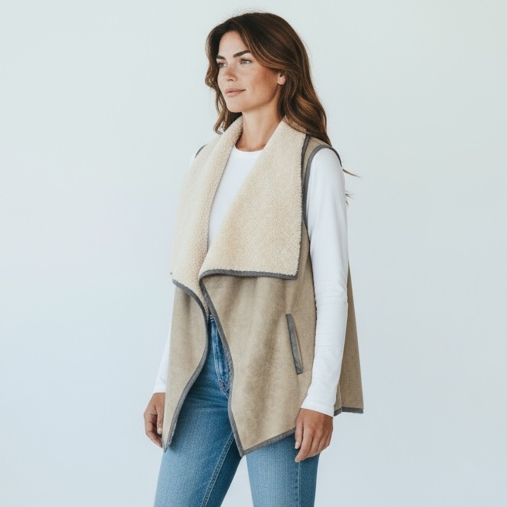 Jodifl Draped Faux Leather Trimmed Sherpa/Fur Lined Vest With Pockets Medium